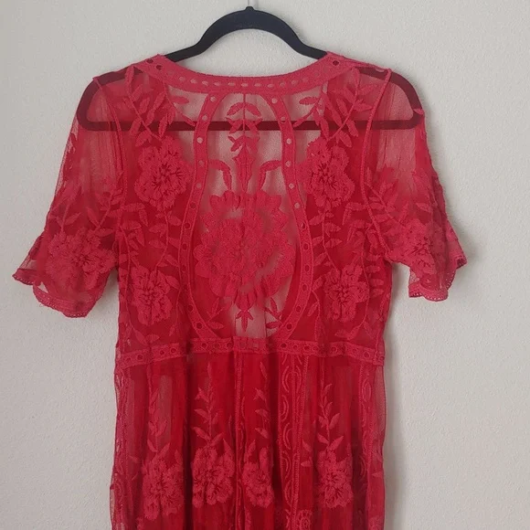 Red Lace V-Neck Women's Dress - Picture 8 of 14